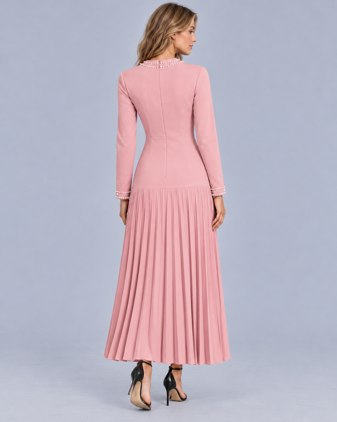 Women's Pleated Maxi Dress with Pearl Trim