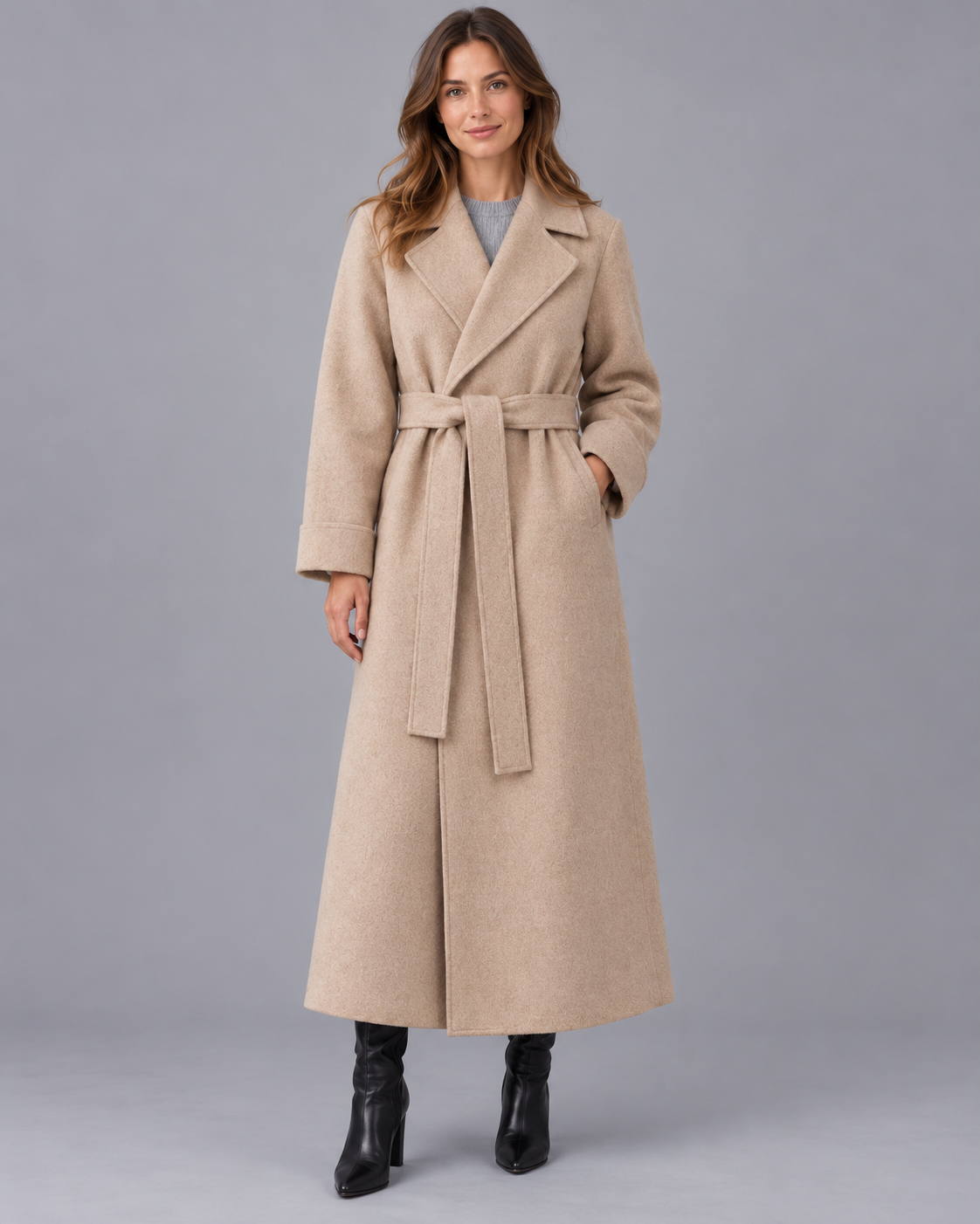 Women's Belted Wrap Coat – Longline Winter Coat, Lapel Collar