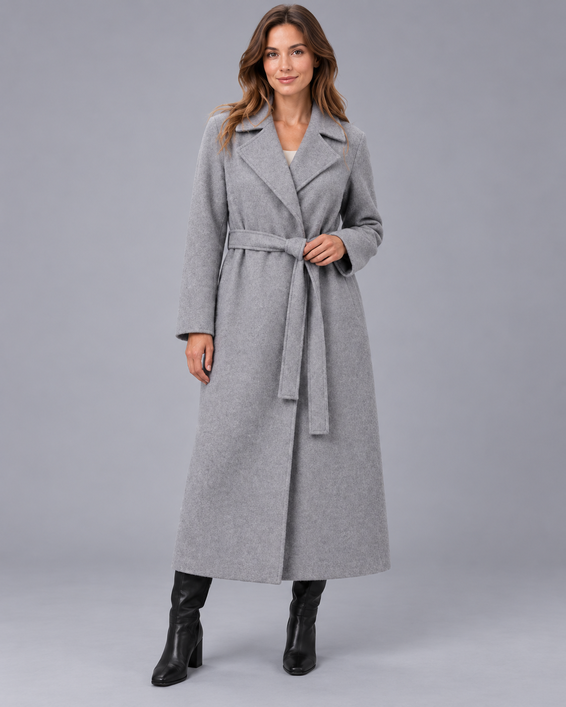 Women's Belted Wrap Coat – Longline Winter Coat, Lapel Collar