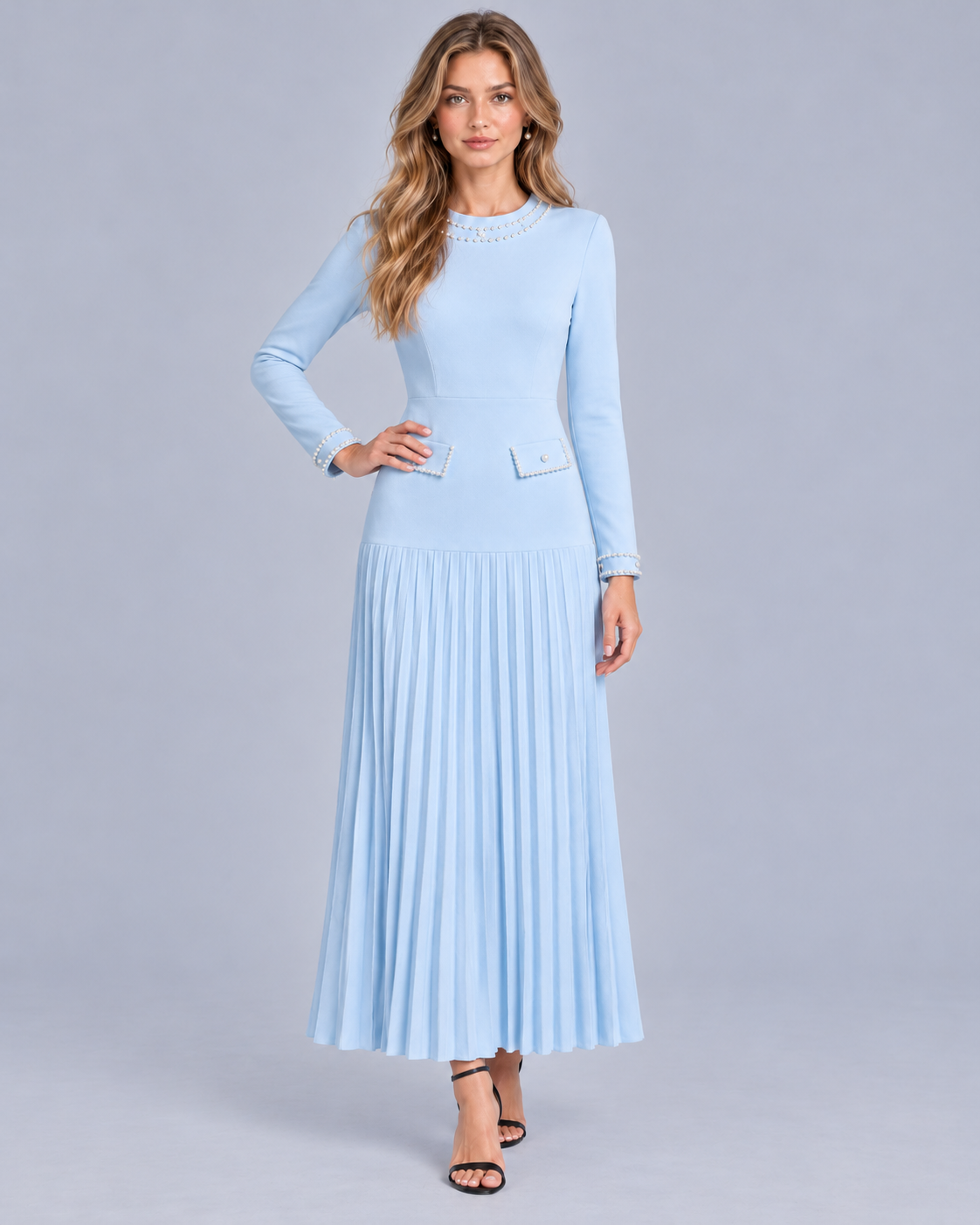 Women's Pleated Maxi Dress with Pearl Trim