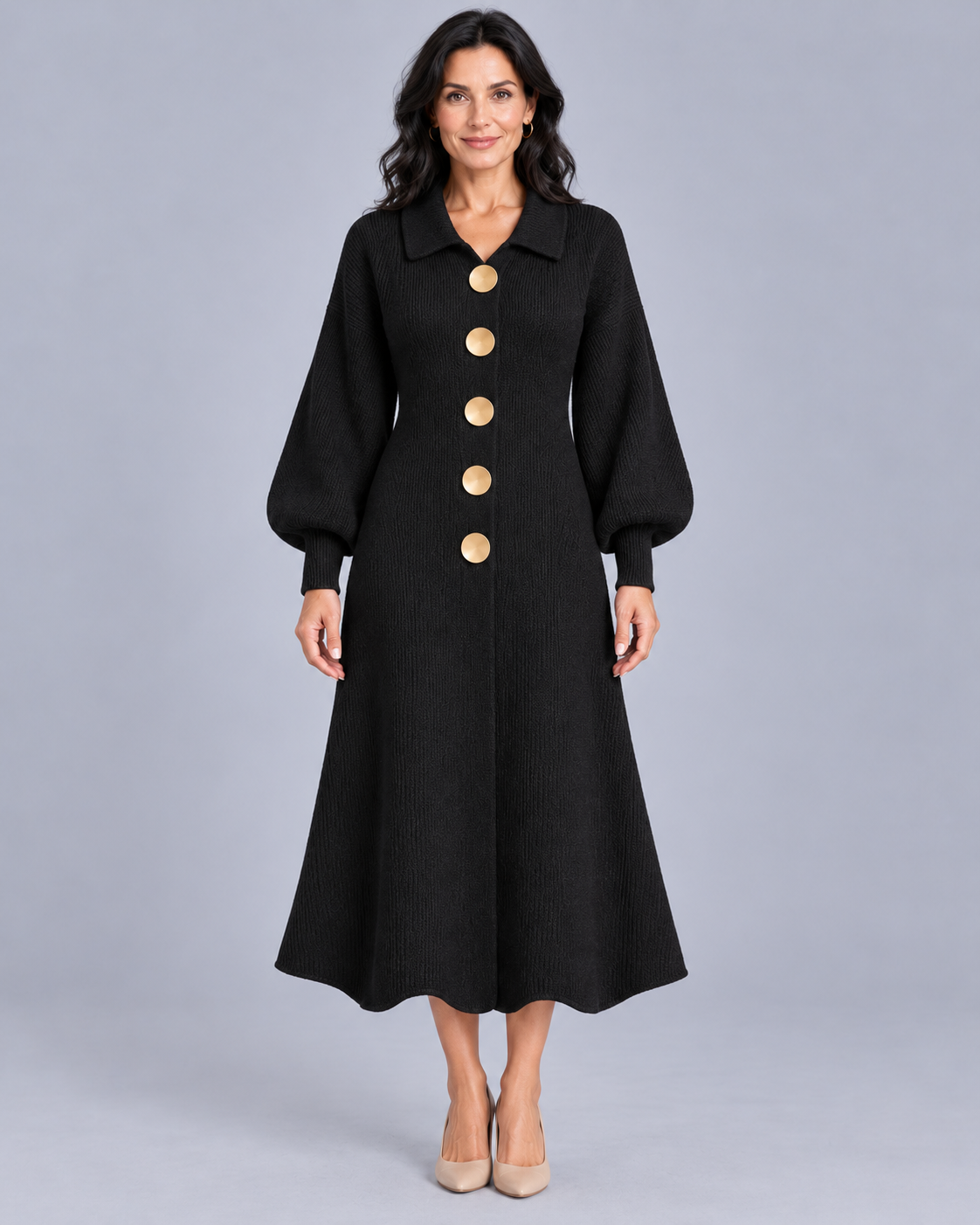 Women's Knitted Cardigan Dress with Puff Sleeves