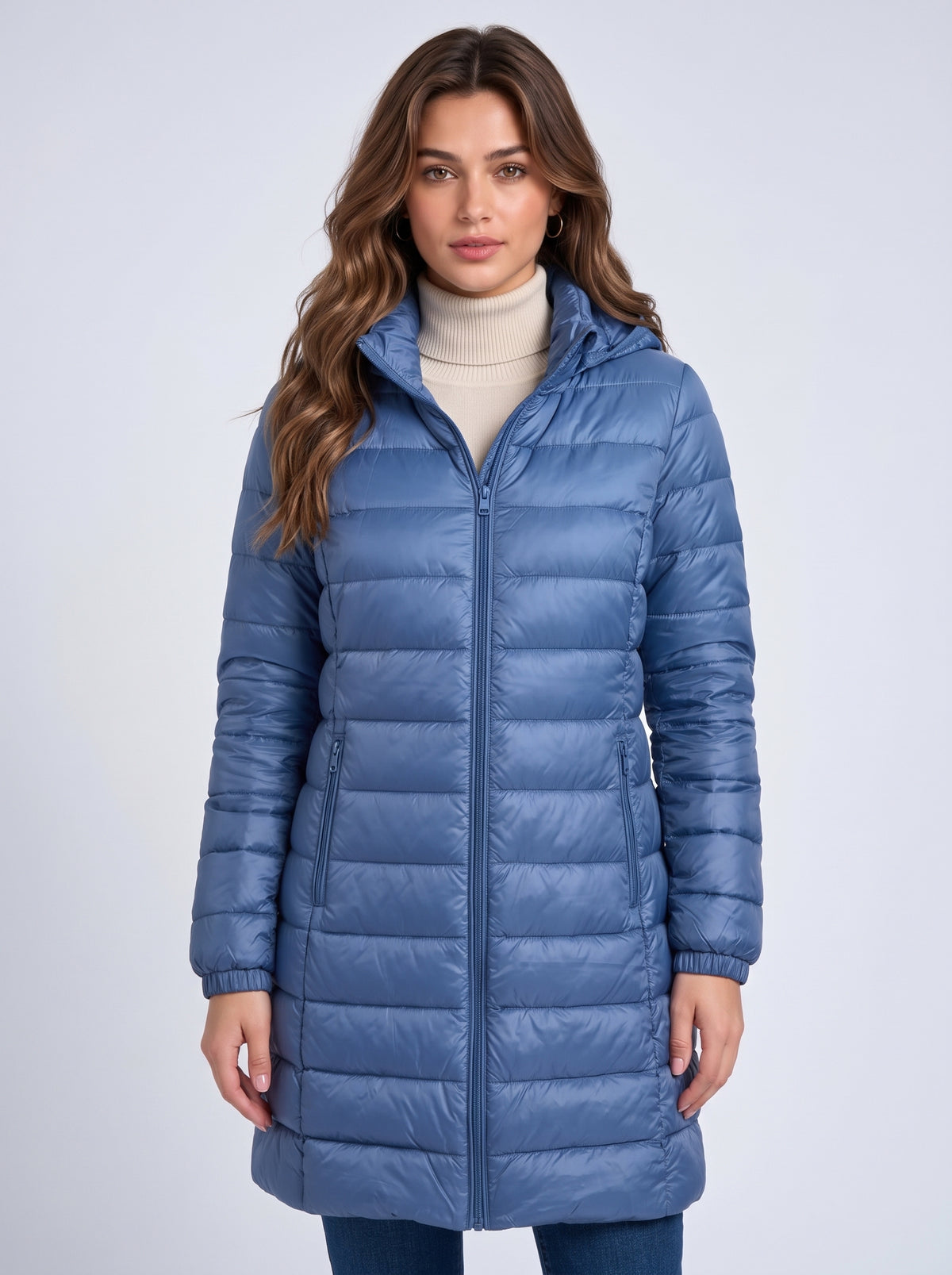Women's Long Hooded Puffer Jacket – Detachable Hood, Waterproof