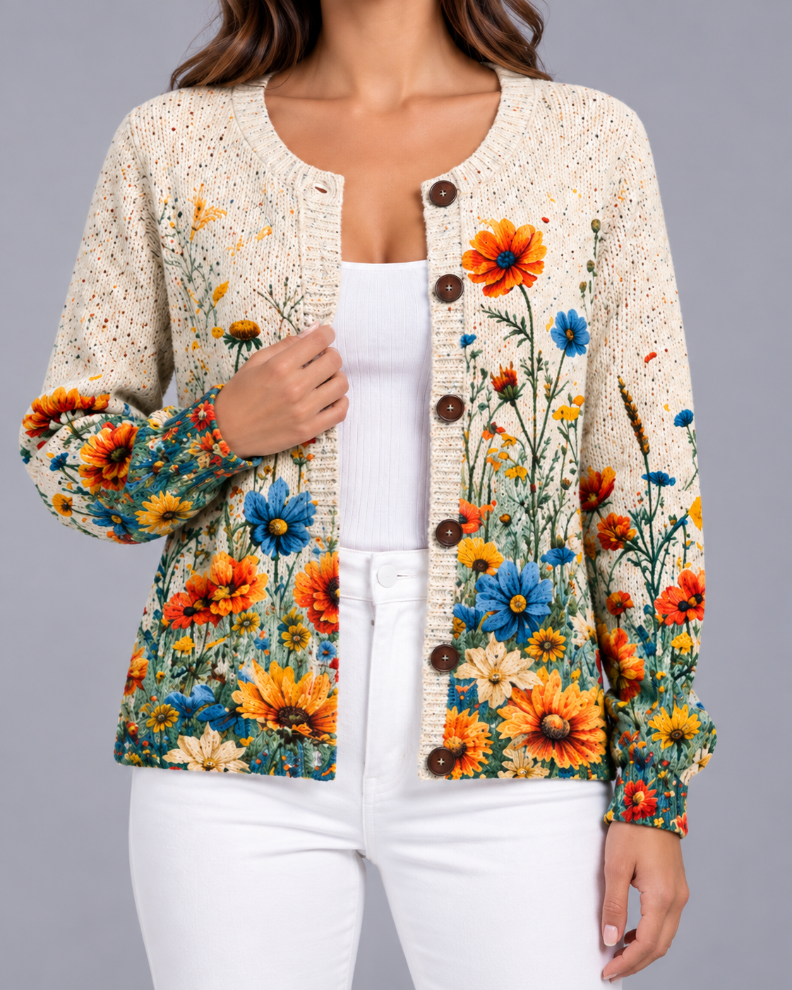 Women's Floral Knit Cardigan – Button Front, Relaxed Fit