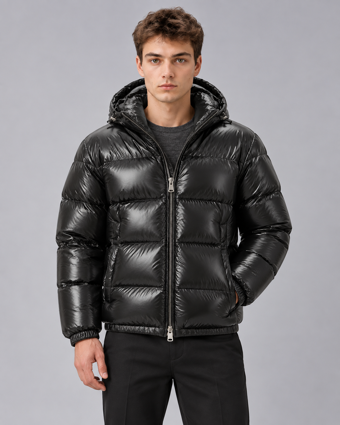 Men's Hooded Puffer Jacket – Shiny Quilted Winter Jacket with Full Zip, Relaxed Fit