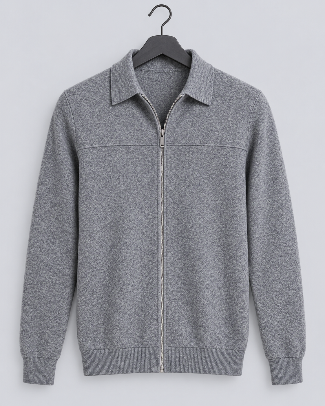 Men's Full-Zip Knitted Cardigan – Polo Collar Fine-Knit Zip Jumper, Tailored Fit