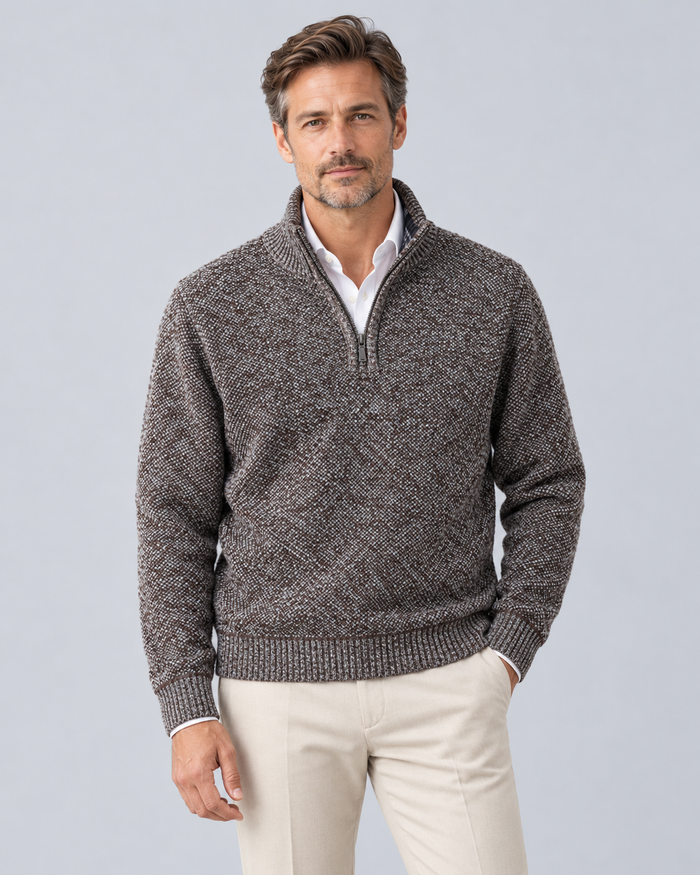 Men's Knitted Quarter Zip Jumper in Textured Polyester – Zip Stand Collar, Ribbed Cuffs & Hem