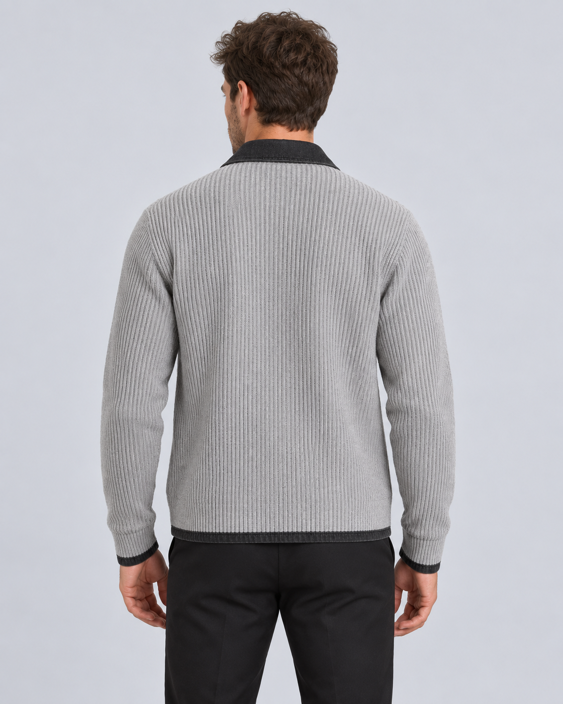 Men's Wool Knit Cardigan | Denim-Style Contrast Trim Jacket