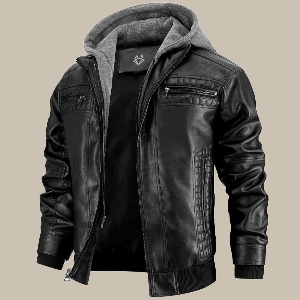 Men's Faux Leather Hooded Jacket – Zip Pockets, Regular Fit