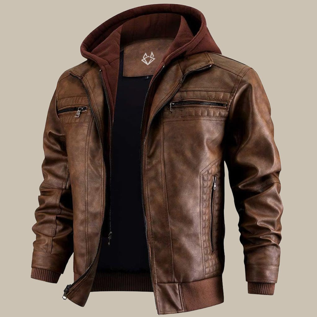 Men's Faux Leather Hooded Jacket – Zip Pockets, Regular Fit