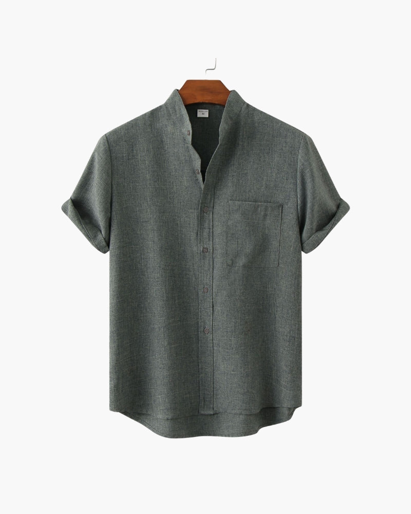 Men's Mandarin Collar Shirt – Short Sleeve, Chest Pocket