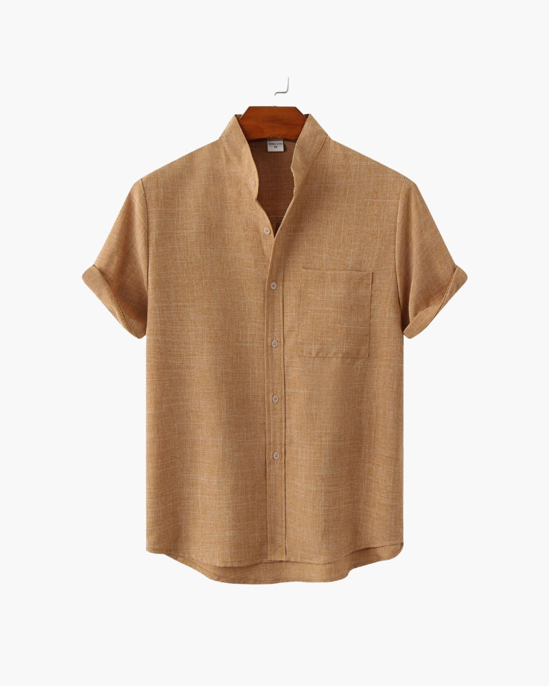 Men's Mandarin Collar Shirt – Short Sleeve, Chest Pocket