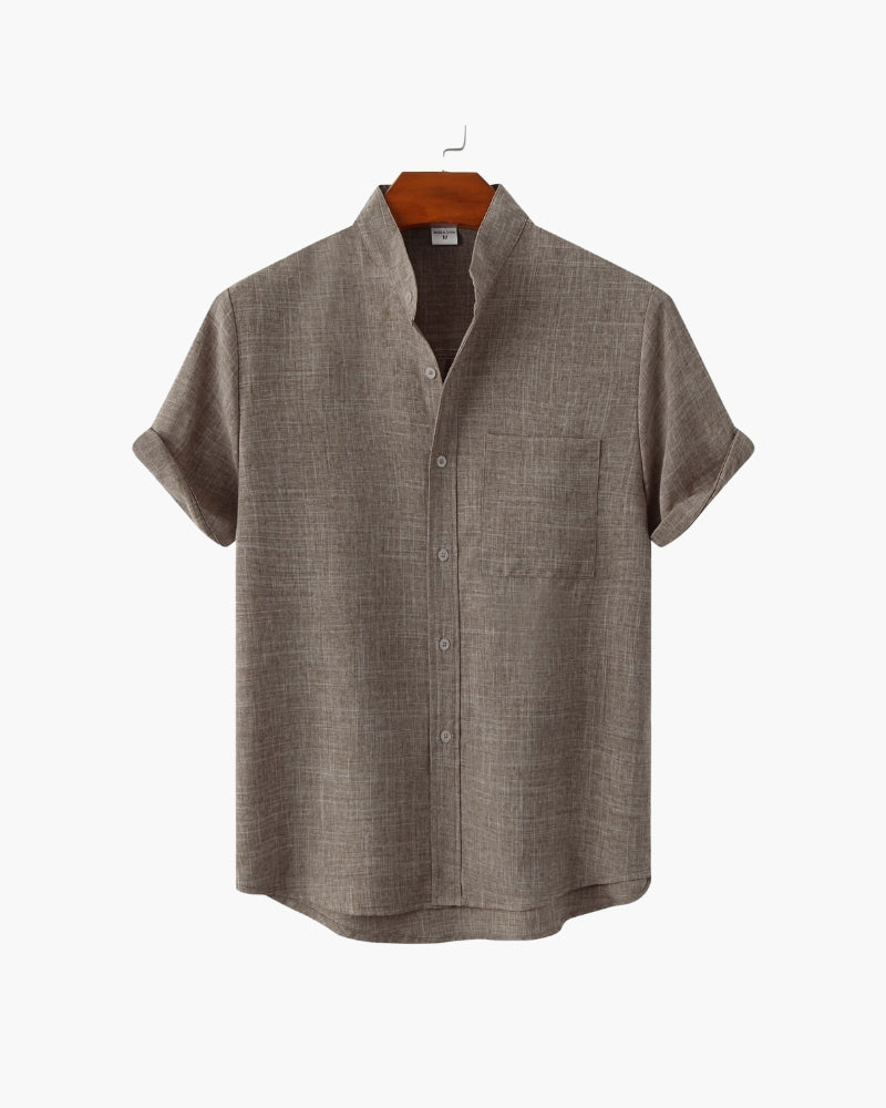 Men's Mandarin Collar Shirt – Short Sleeve, Chest Pocket