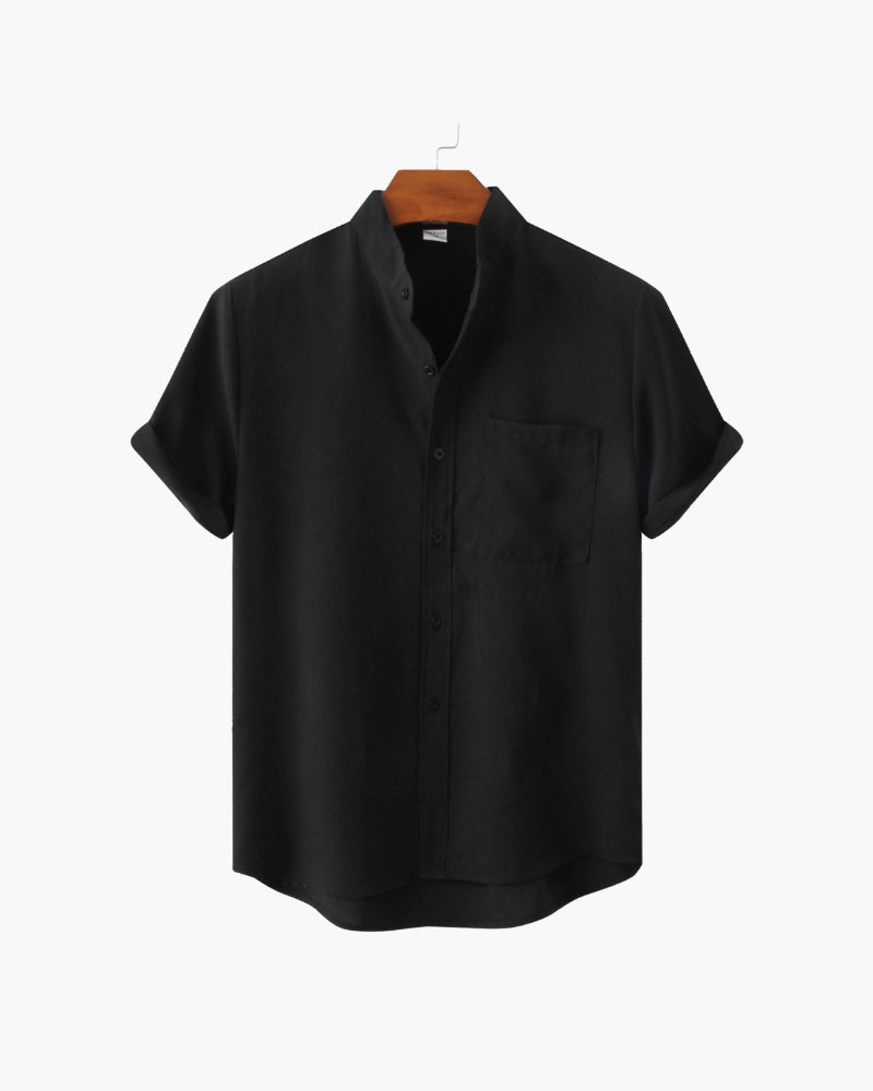 Men's Mandarin Collar Shirt – Short Sleeve, Chest Pocket