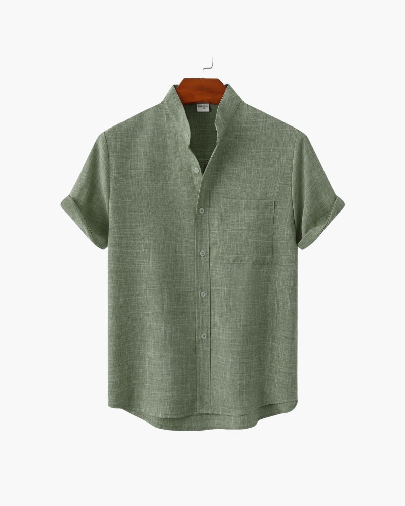 Men's Mandarin Collar Shirt – Short Sleeve, Chest Pocket