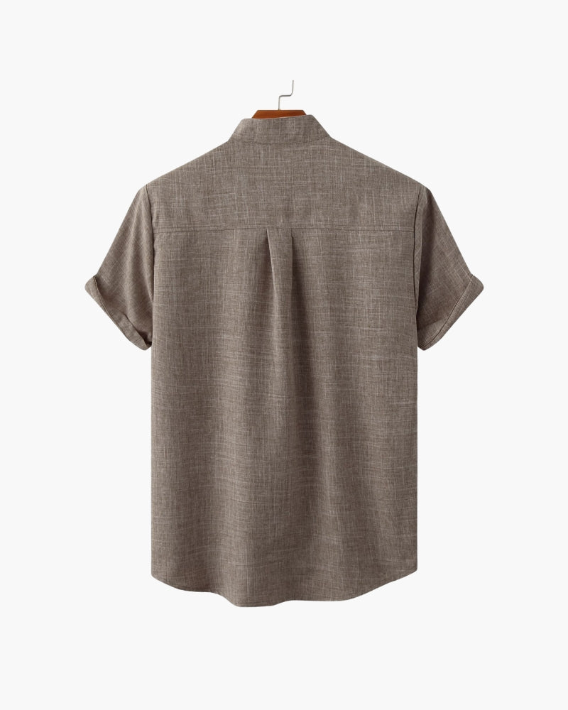 Men's Mandarin Collar Shirt – Short Sleeve, Chest Pocket