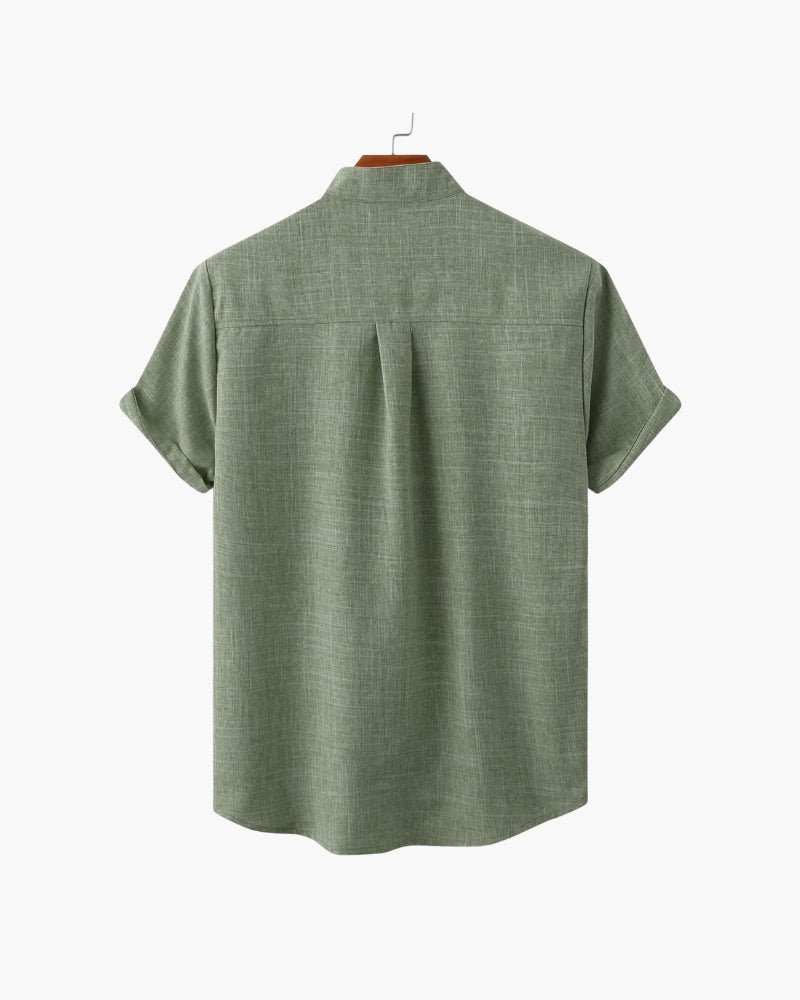 Men's Mandarin Collar Shirt – Short Sleeve, Chest Pocket