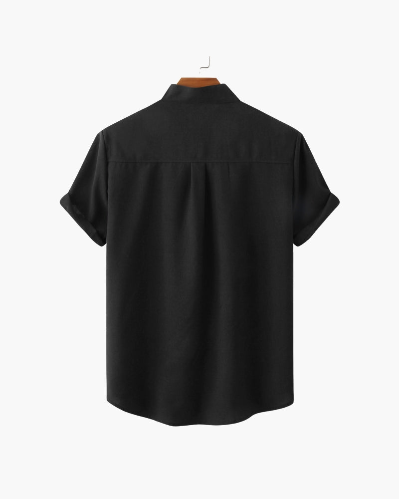 Men's Mandarin Collar Shirt – Short Sleeve, Chest Pocket