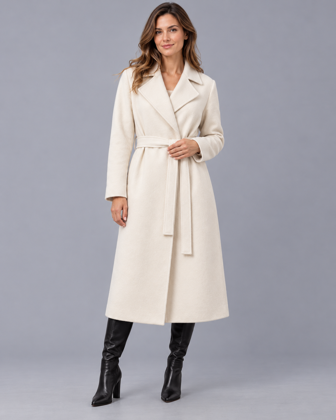 Women's Belted Wrap Coat – Longline Winter Coat, Lapel Collar