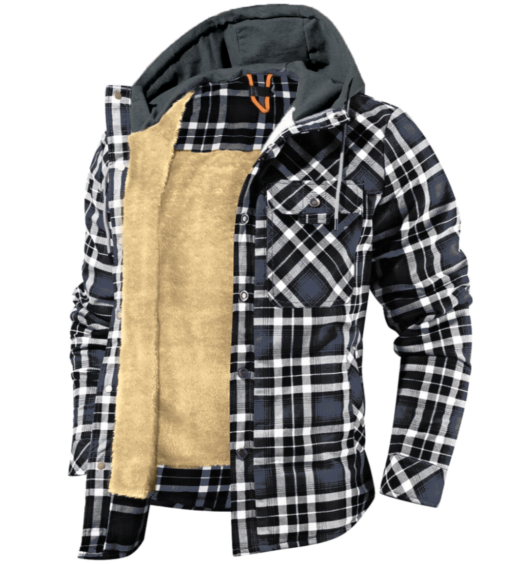 Men's Check Hooded Jacket – Fleece Lined Cotton, Button Front