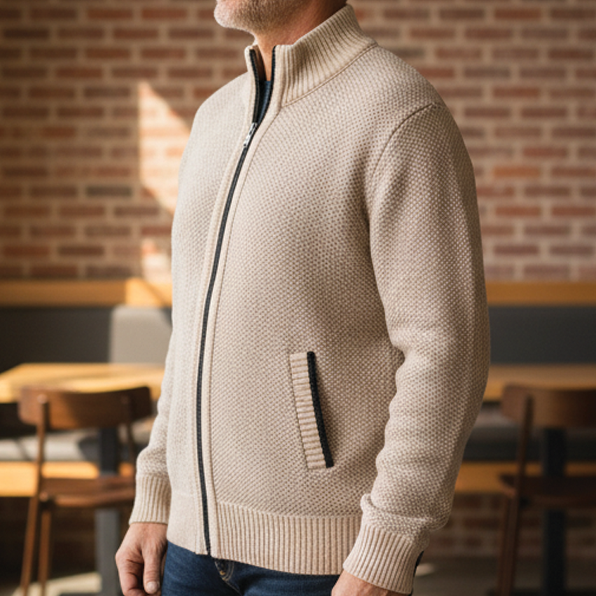 Men's Zip Cardigan – Mock Neck Cotton Knit, Regular Fit