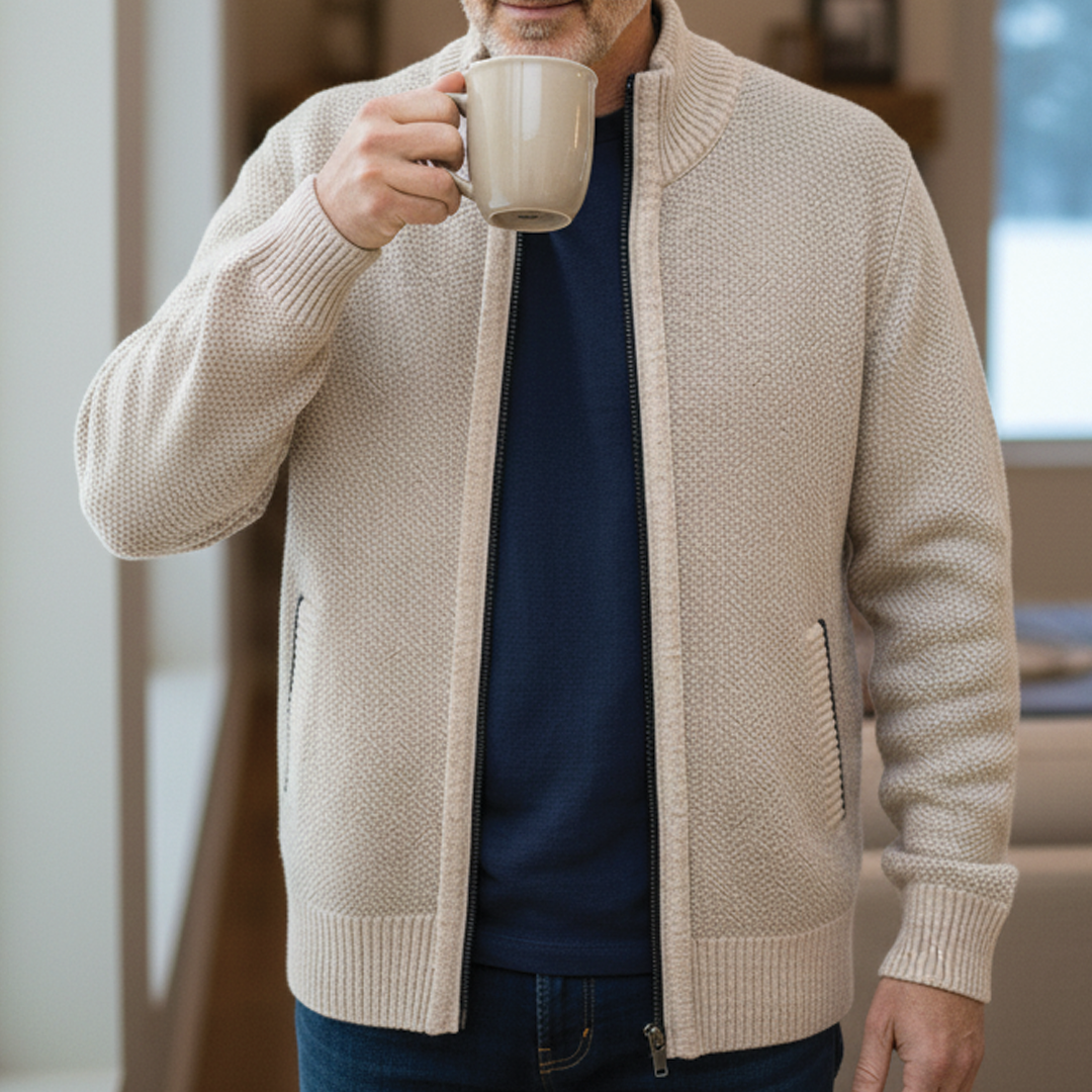 Men's Zip Cardigan – Mock Neck Cotton Knit, Regular Fit