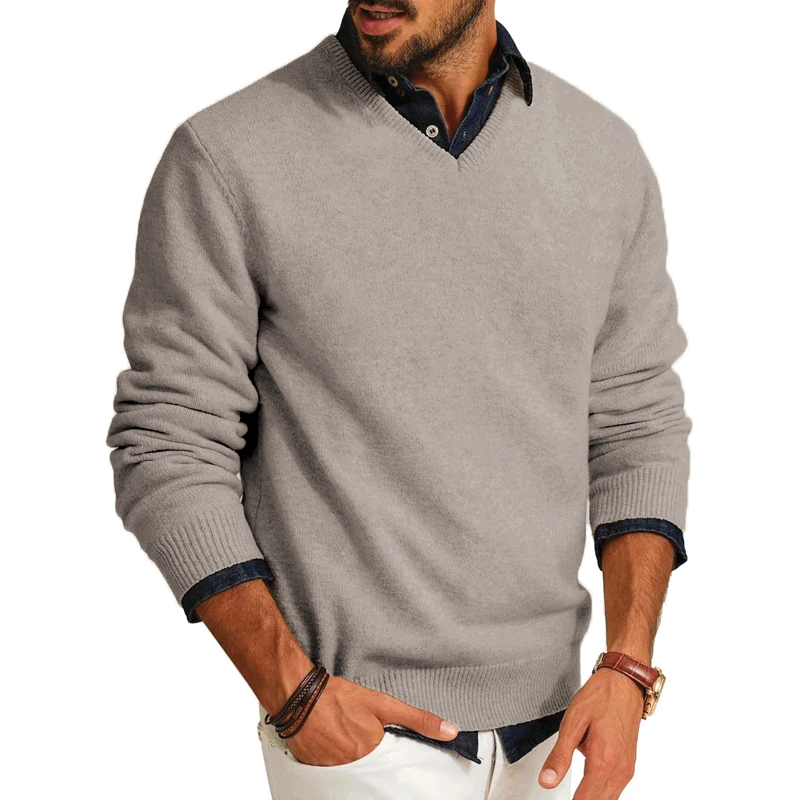 Men's V-Neck Wool Blend Jumper – Lightweight Knit, Slim Fit