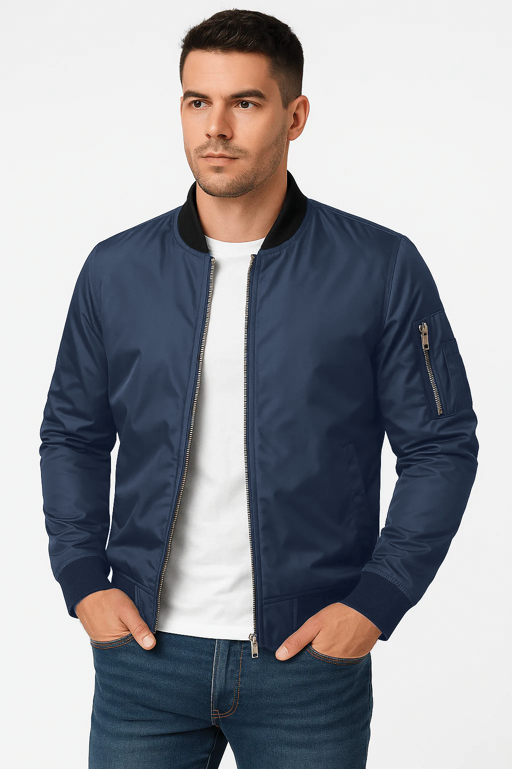 Men's Lightweight Bomber Jacket – Ribbed Collar, Side Pockets