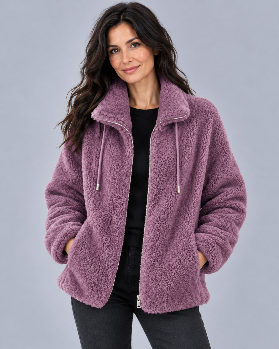 Women's Fleece Jacket Full Zip – Plush Coral Fleece, High Stand Collar, Relaxed Fit
