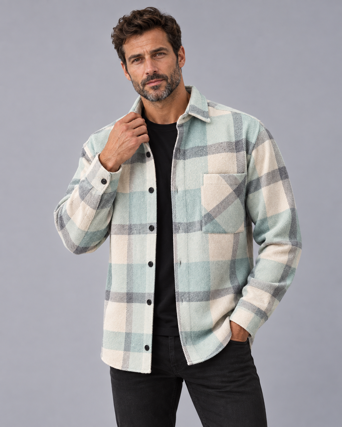 Men's Check Overshirt – Button-Through Shirt Jacket with Chest Pocket