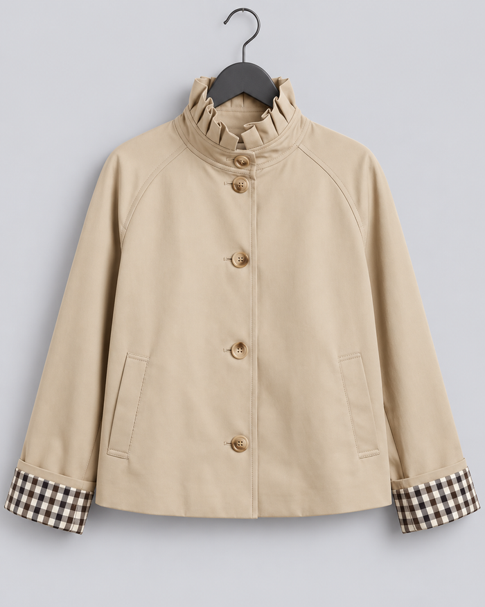 Women's Short Trench Coat – Ruffled High Collar, Button Front & Check Trim Cuffs