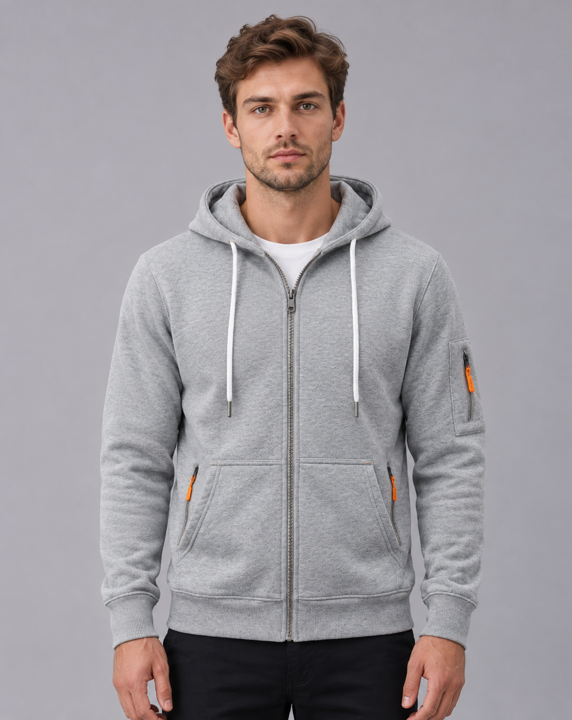 Men's Zip Up Hoodie in 100% Cotton – Full Zip, Drawstring Hood, Zip Pockets and Sleeve Pocket