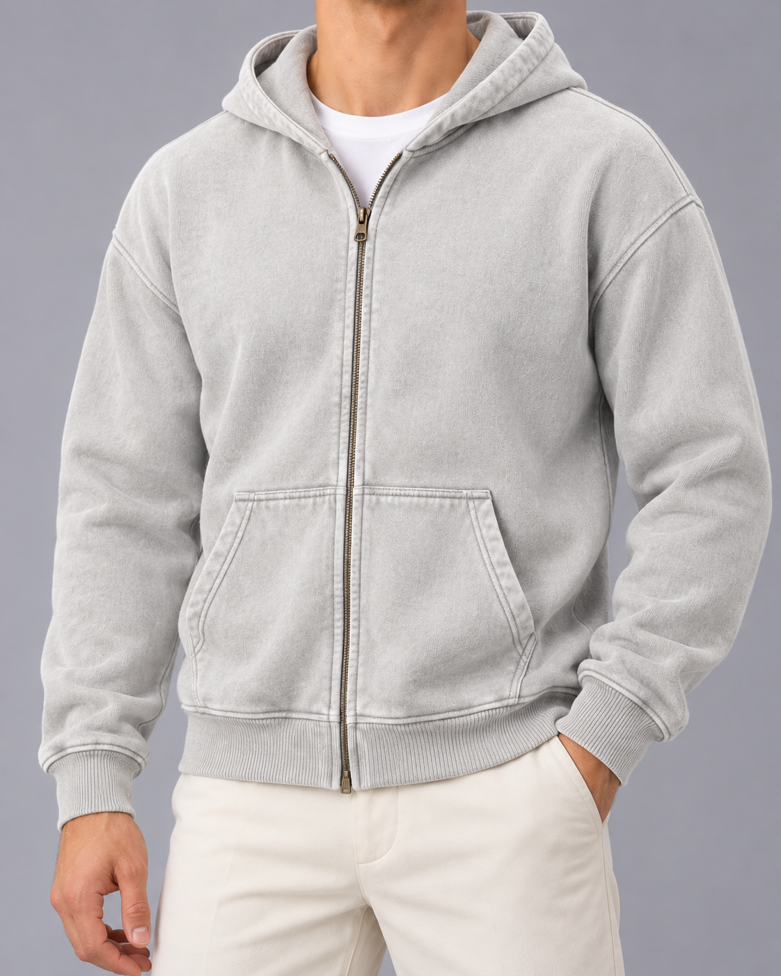 Men's Oversized Zip-Up Hoodie | Washed Fleece Full-Zip Sweatshirt