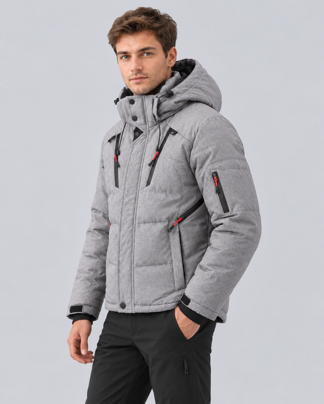 Men's Puffer Jacket with Hood in Polyester – Quilted Winter Coat with Zip Pockets