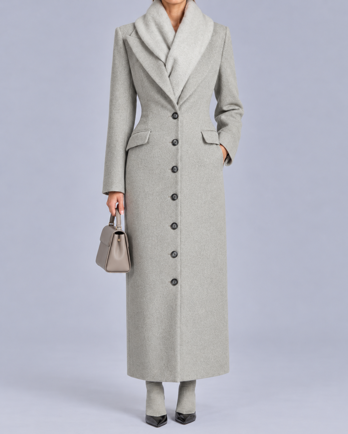 Women's Long Wool Coat with Peak Lapel