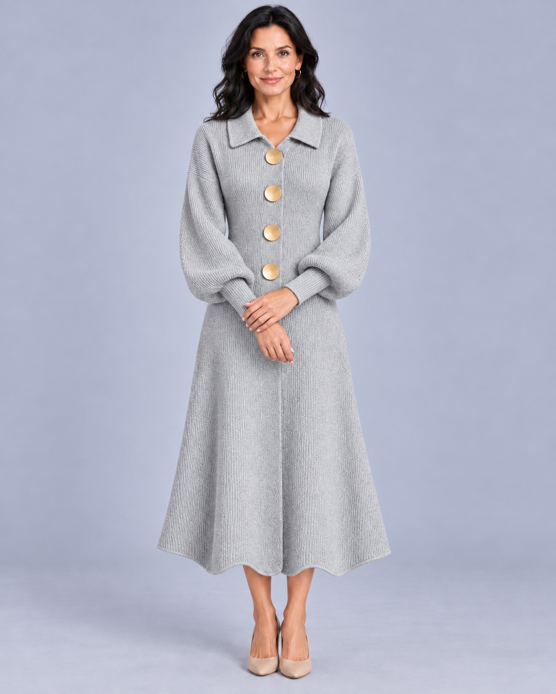 Women's Knitted Cardigan Dress with Puff Sleeves