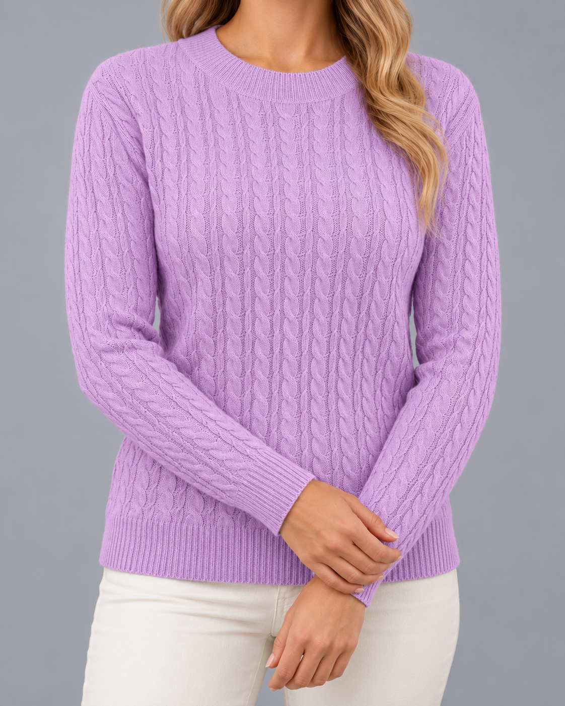 Women's Cable Knit Jumper – Crew Neck, Ribbed Cuffs