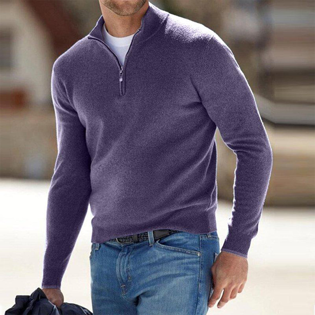 Men's Half Zip Jumper – Wool Blend Knit, Mock Neck, Slim Fit