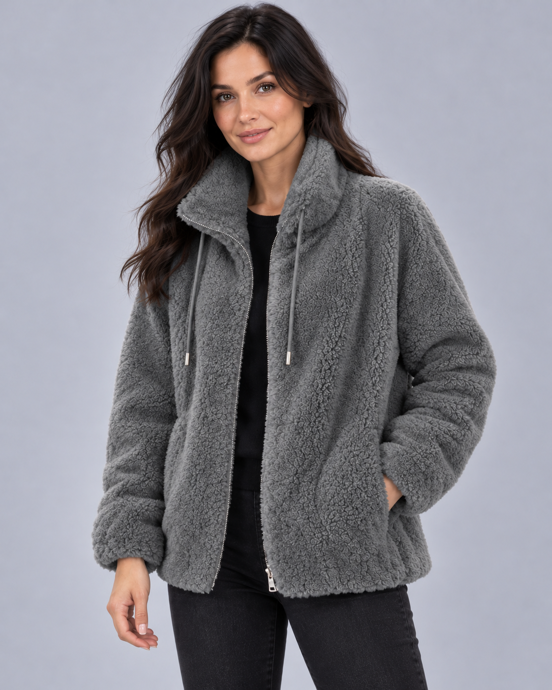 Women's Fleece Jacket Full Zip – Plush Coral Fleece, High Stand Collar, Relaxed Fit