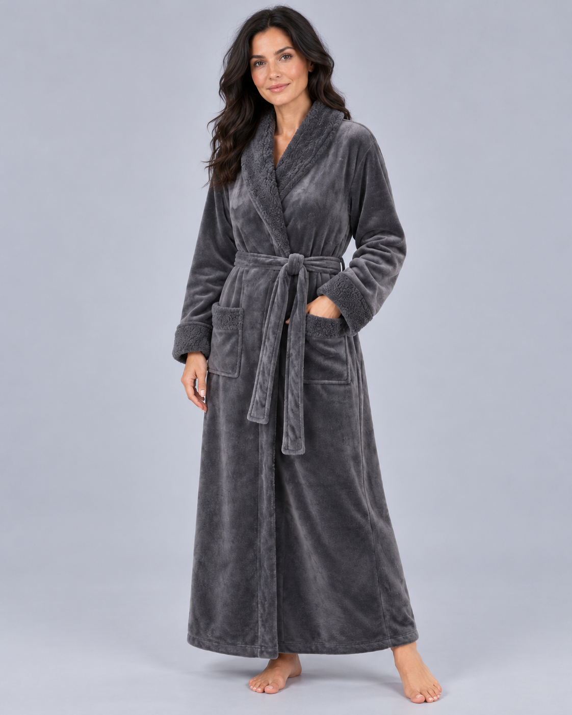 Women's Long Fleece Dressing Gown with Pockets