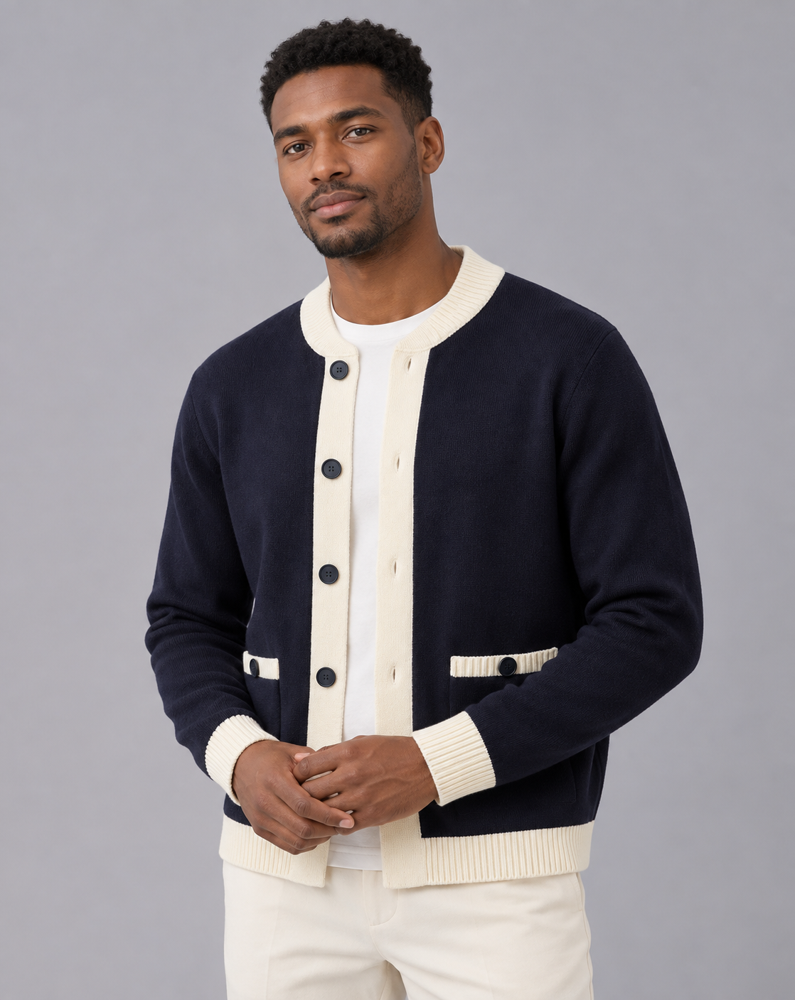 Men's Button Cardigan with Pockets – Heavyweight Knit, Contrast Ribbed Trim, Crew Neck