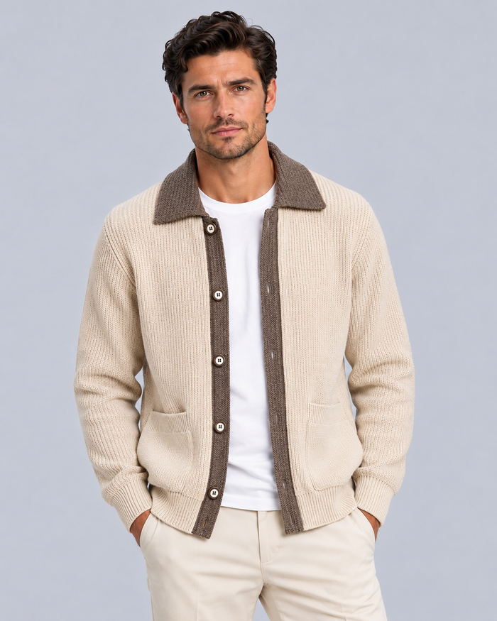 Men's Knitted Cardigan with Collar – Ribbed Knit, Button Front, Patch Pockets, Relaxed Fit