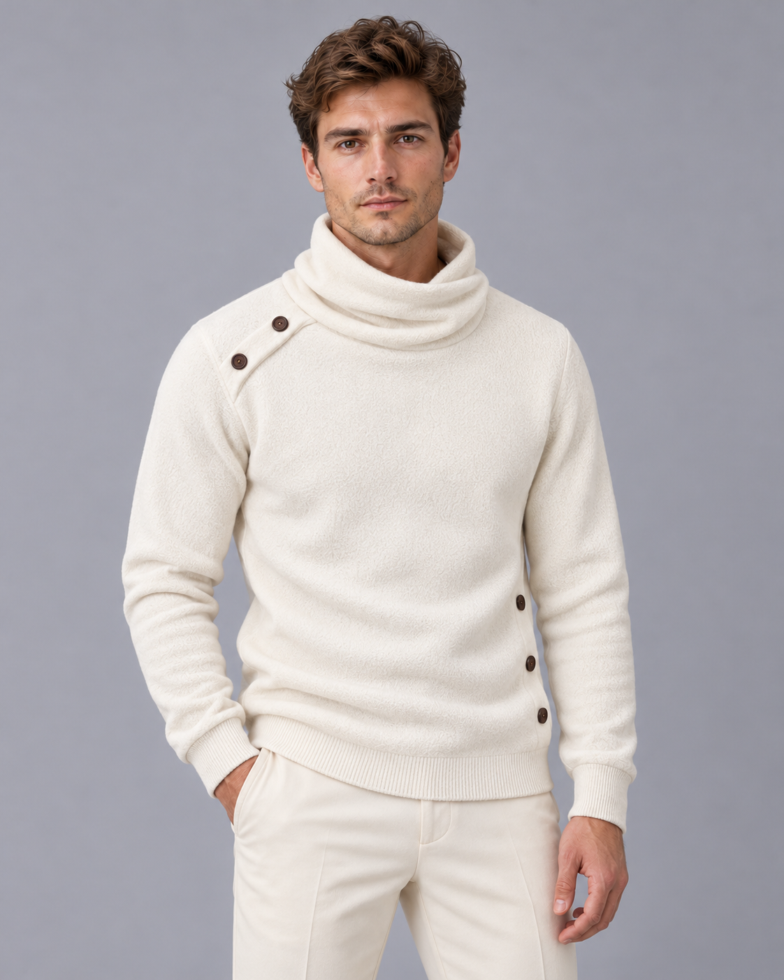 Men's Roll Neck Jumper with Button Detail