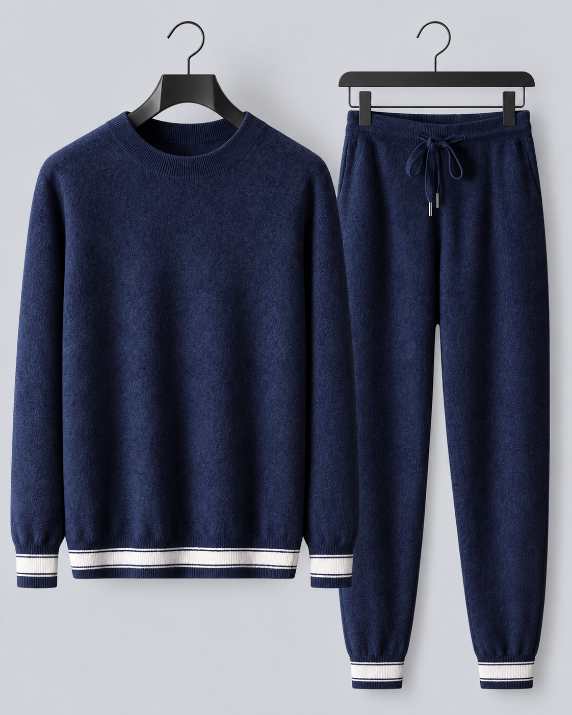 Men's 100% Cashmere Lounge Set with Crew-Neck Jumper and Striped Joggers