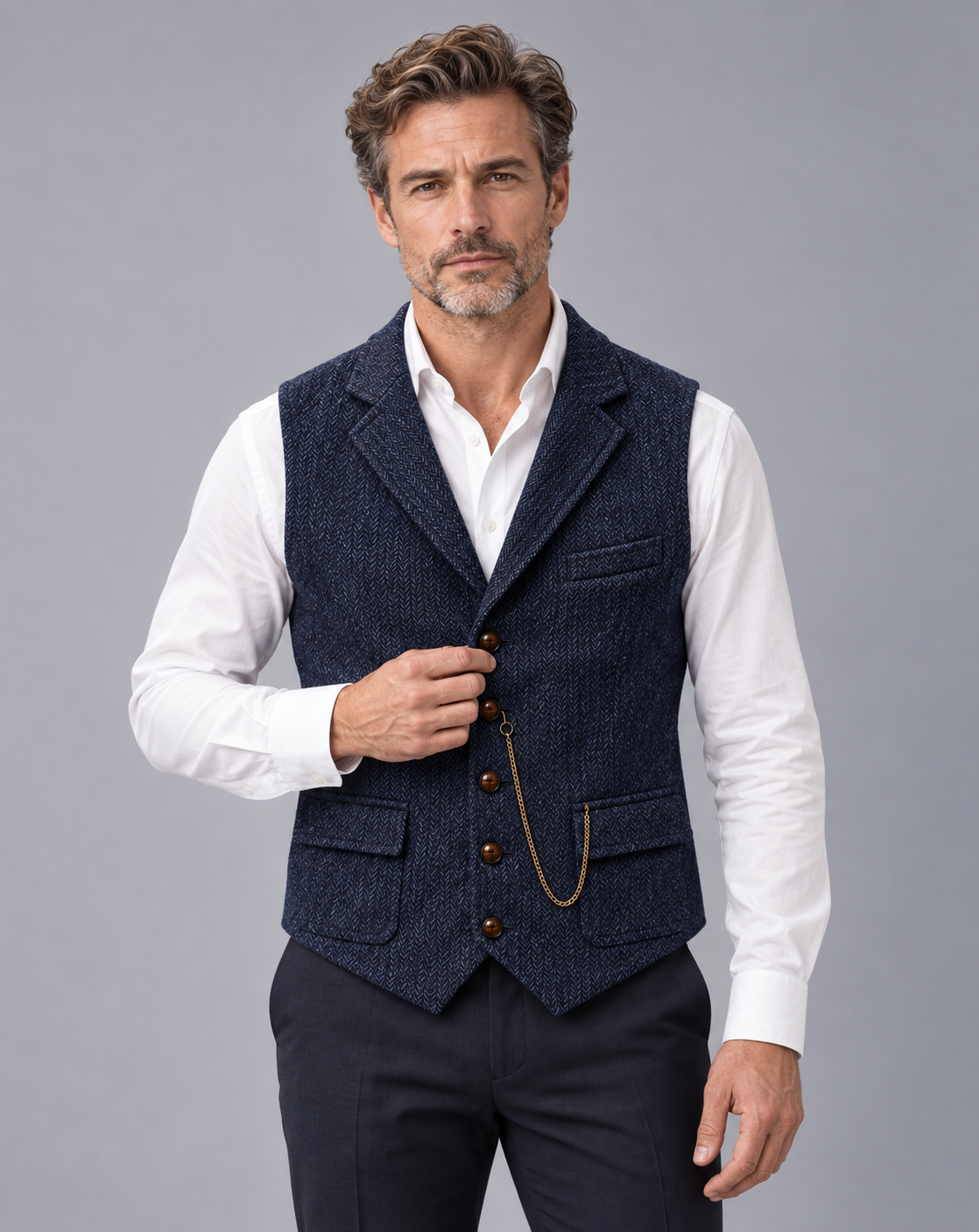 Men's Herringbone Waistcoat with Lapels – Five-Button Front, Flap Pockets and Pocket Chain
