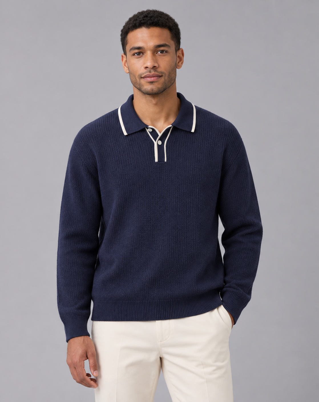 Men's Long Sleeve Knitted Polo Jumper in Linen Blend – Contrast-Tipped Collar