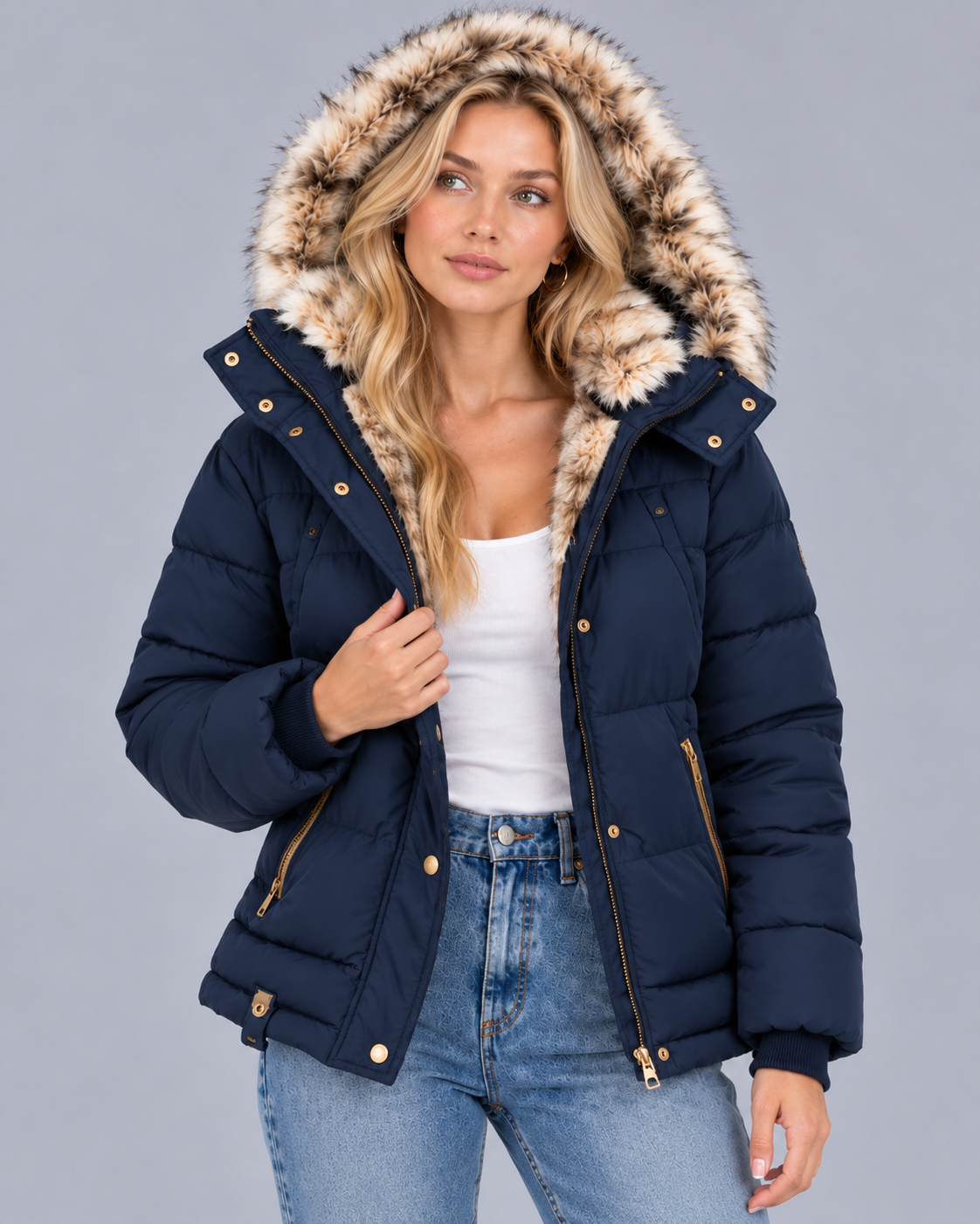 Women's Quilted Jacket with Faux Fur Hood