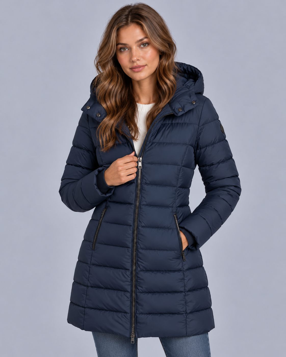 Women's Hooded Puffer Jacket with Zip Front