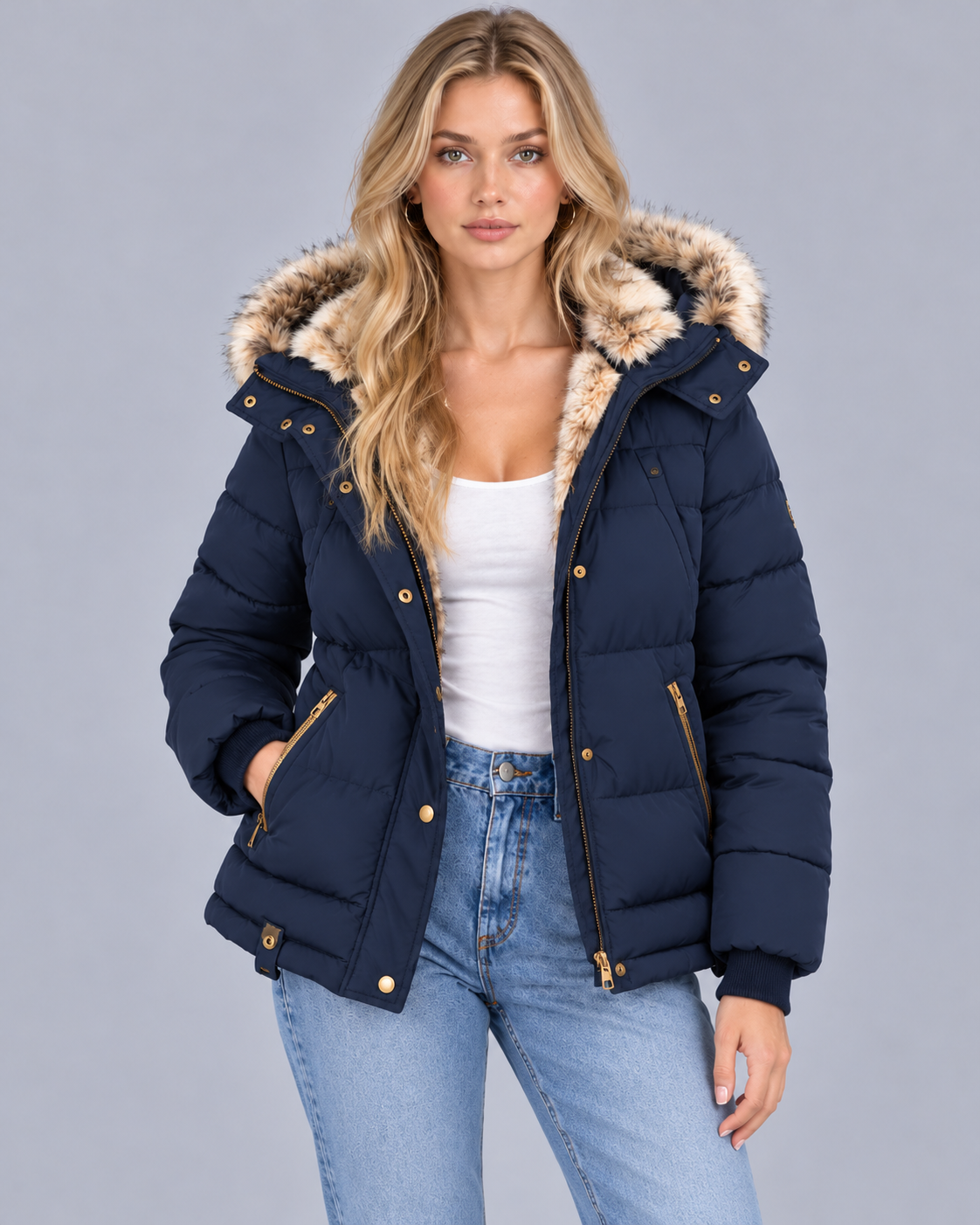 Women's Quilted Jacket with Faux Fur Hood
