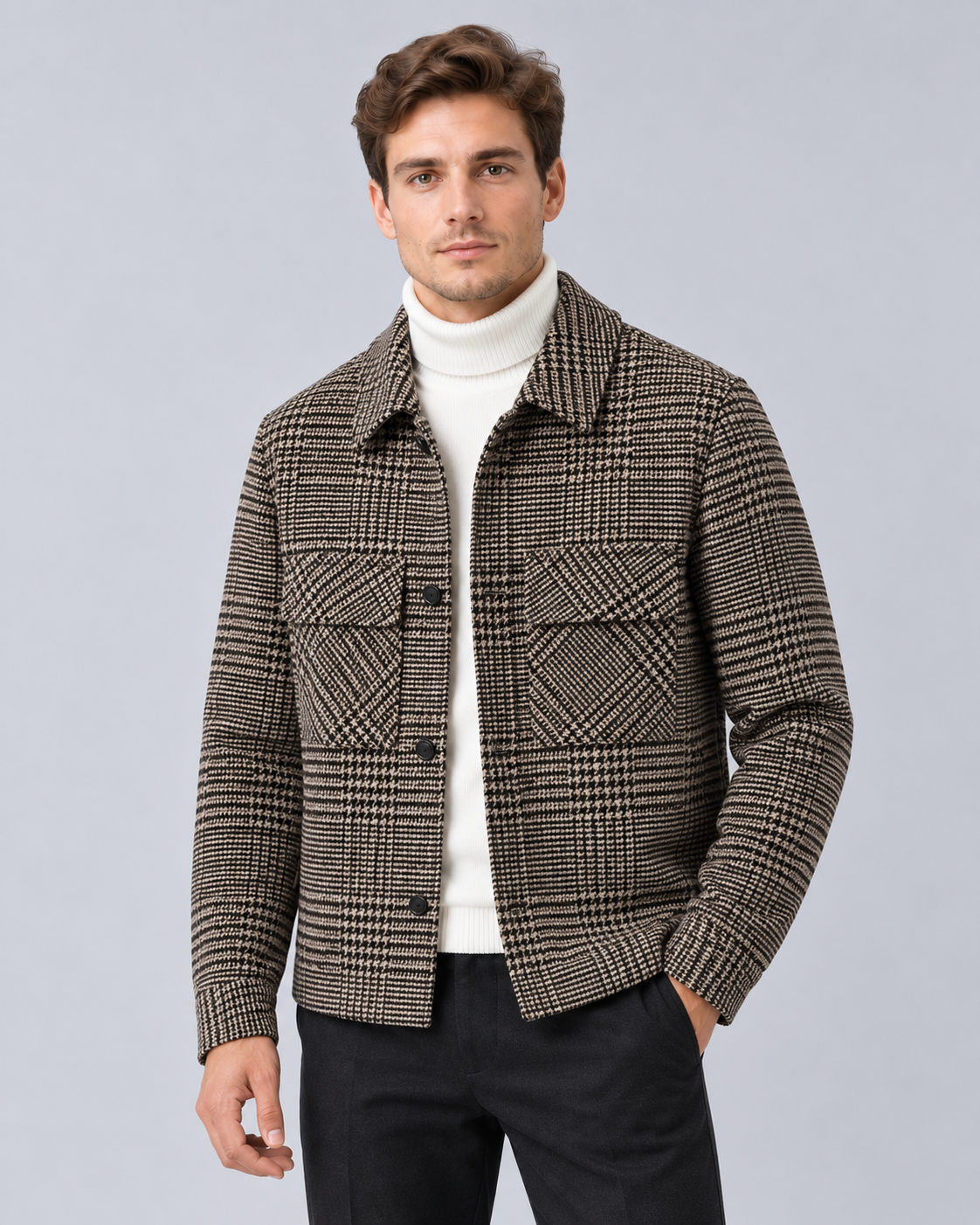 Men's Check Overshirt Jacket in Wool-Blend – Houndstooth Check, Flap Chest Pockets, Button Front