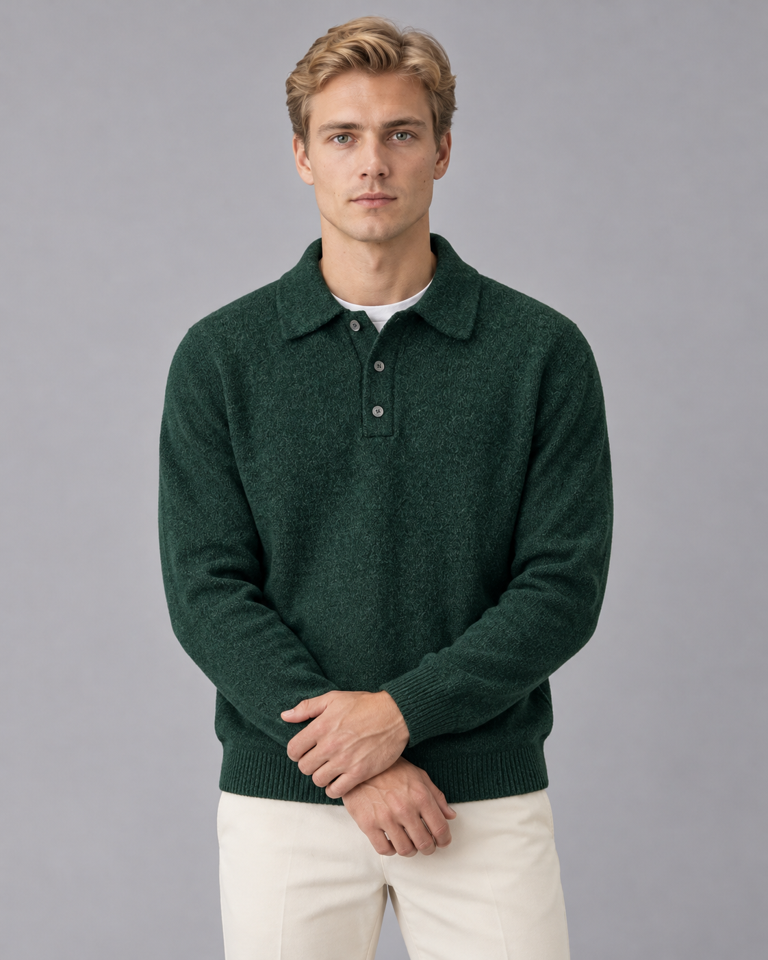 Men's Polo Collar Jumper with Ribbed Cuffs